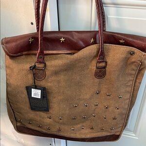 Mona B Brown and Tan Canvas Tote with Star Accents